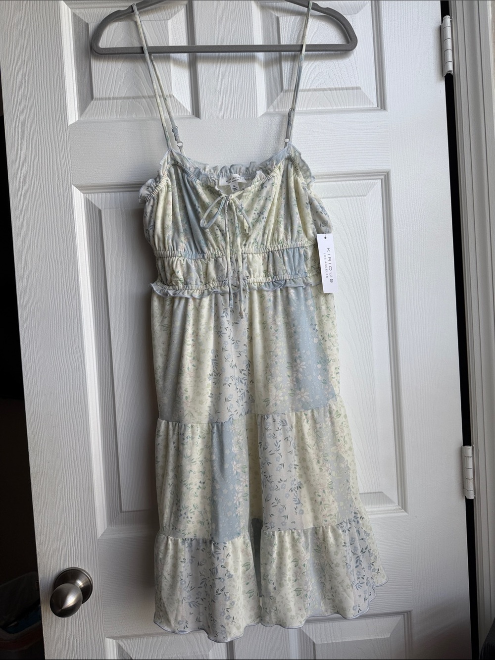 Pastel Blue & Cream Floral Tiered Midi Dress with Smocked Bodice